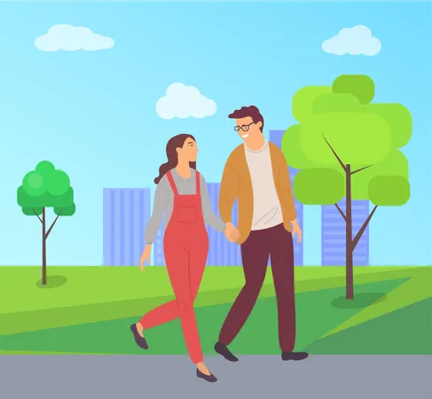 Students In Love Walking In City Park People In Cartoon Style Vector Girl In Red Overalls And Boy In Glasses Walking And Holding Hands Teenagers Lovers Illustration