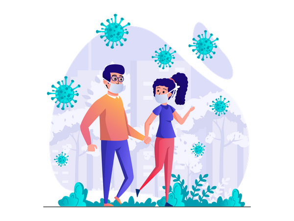 Couple walking in park wearing face mask  Illustration