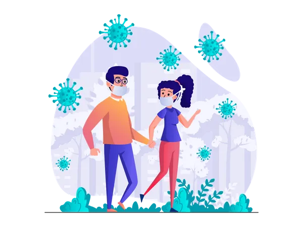 Couple walking in park wearing face mask  Illustration