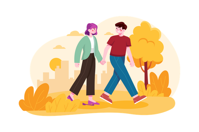 Couple walking in park while holding hands Illustration