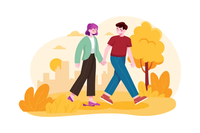 Couple walking in park while holding hands Illustration