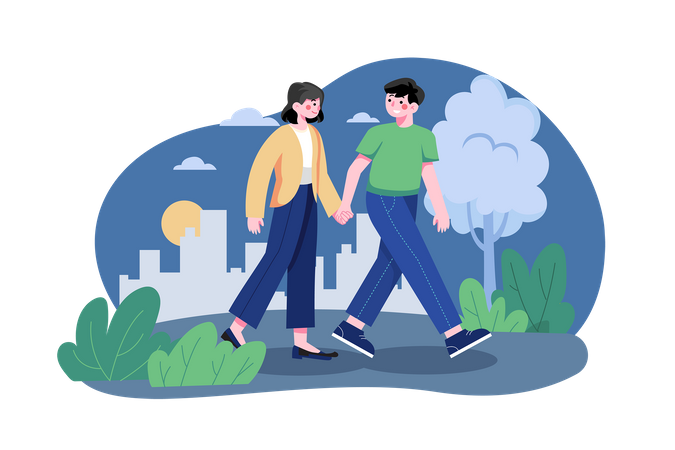 Couple walking in park while holding hands  Illustration