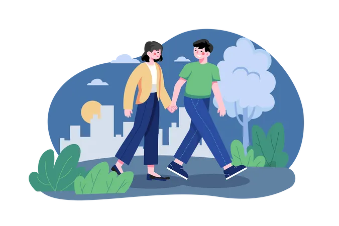 Romantic Couple Walking Holding Hands Illustration