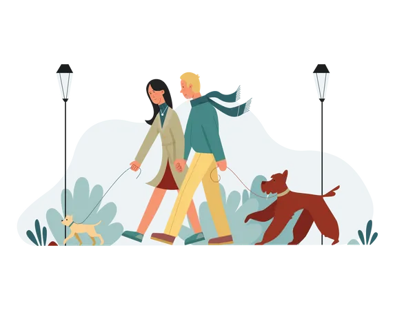 Couple walking in park with pet dog  Illustration