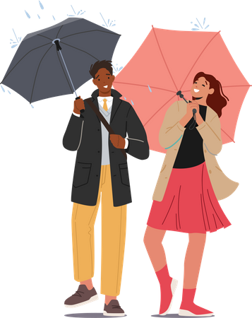 Couple walking in rain while holding umbrella Illustration