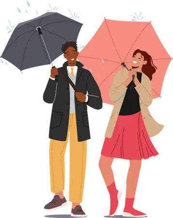 Couple walking in rain while holding umbrella Illustration