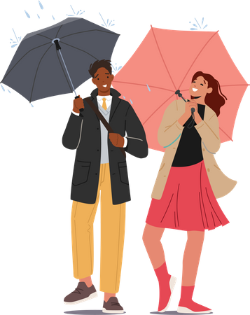 Couple walking in rain while holding umbrella  Illustration