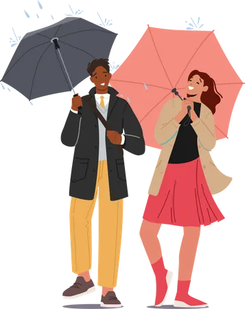 Couple walking in rain while holding umbrella  Illustration