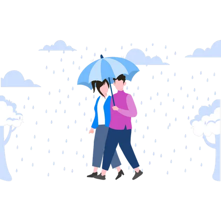 Couple walking in rain with umbrella  Illustration