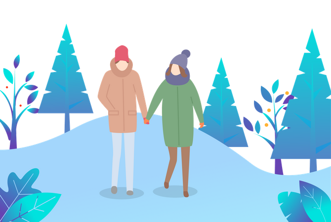Couple walking in snow  Illustration