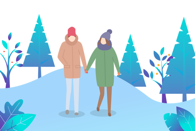 Couple walking in snow  Illustration