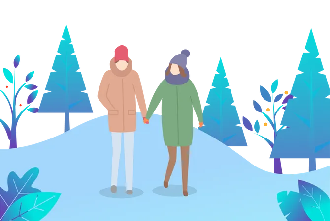 Couple walking in snow  Illustration