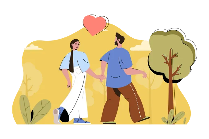 Couple walking in the park holding hands  Illustration