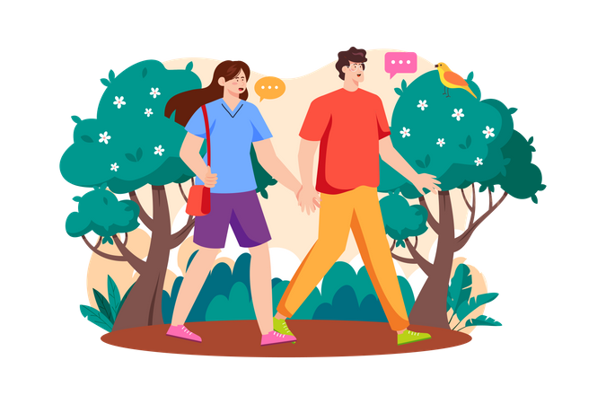 Couple Walking In The Woods  Illustration