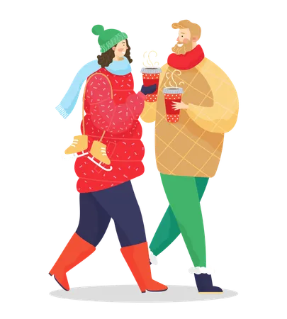 Couple Walking in Winter Park with Coffee in Cups  Illustration