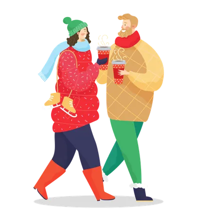 Couple Walking Together In Winter Urban Park People Drinking Coffee From Cups Outdoor In Cold Weather Man And Woman Strolling In Warm Clothes And With Skates Vector Illustration In Flat Style Illustration