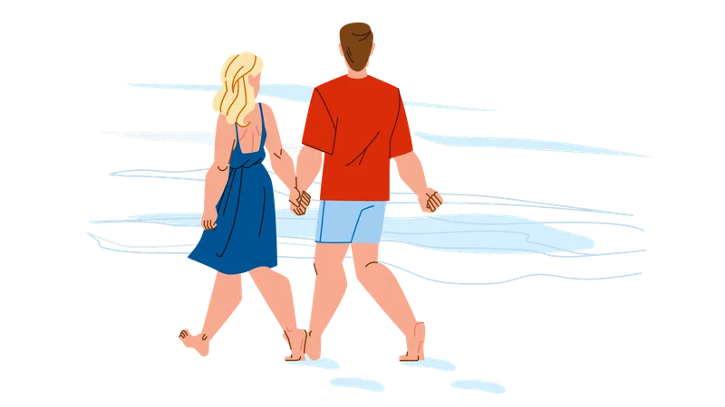 Couple Walking On Beach Vector Summer Romantic Love Happy Sunset Holiday Vacation Couple Walking On Beach Character People Flat Cartoon Illustration イラスト