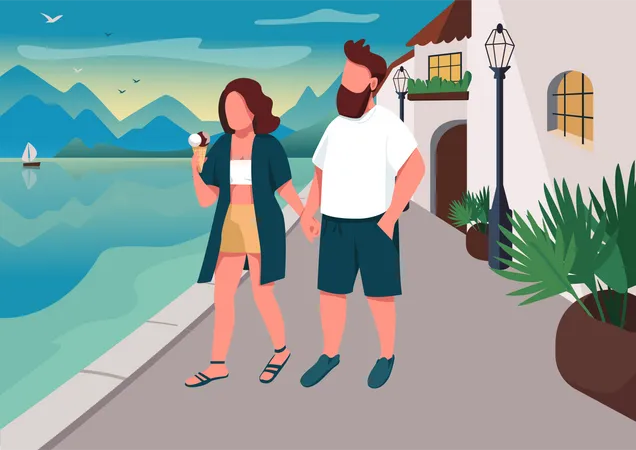 Couple walking on seafront Illustration
