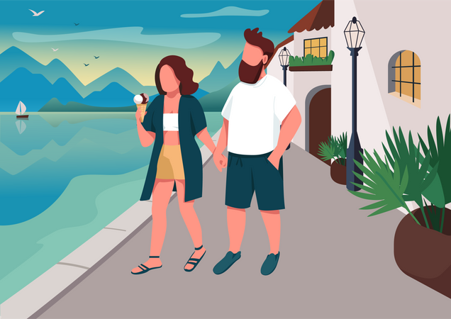 Couple walking on seafront  Illustration