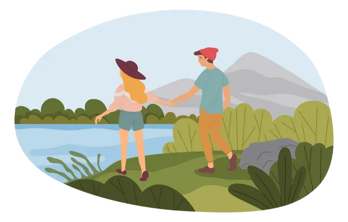 Boy And Girl Walking On Shore Of Lake Or River People In Love Spending Time Together Outdoor Couple In Relationship Walks By Handle Guy And Lady Communicate And Relax On Coastline In Summer イラスト