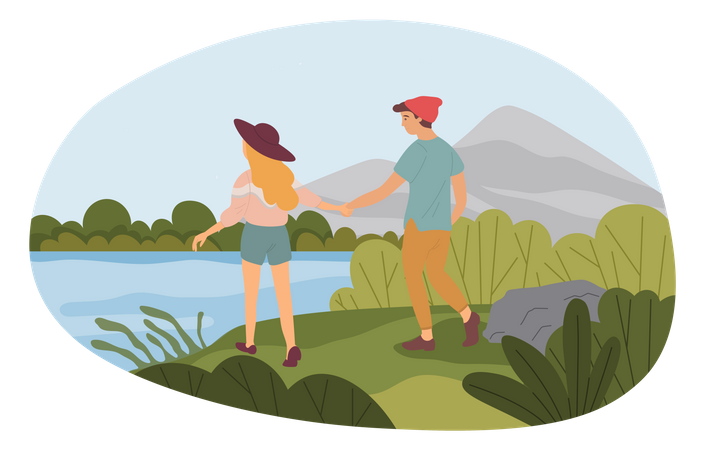 Couple walking on the beach seashore  Illustration