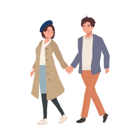 Modern Romantic Relationship Concept Cute Couple Walking Together Young Boy And Girl Holding Hands Romantic Boyfriend And Girlfriend Illustration