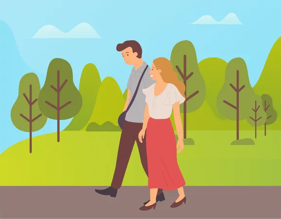 Couple Walking Together In Green Summer Or Spring Park Cartoon Characters Vector Guy With Sack And Blonde Girl In Long Red Skirt Dating Man And Woman Illustration