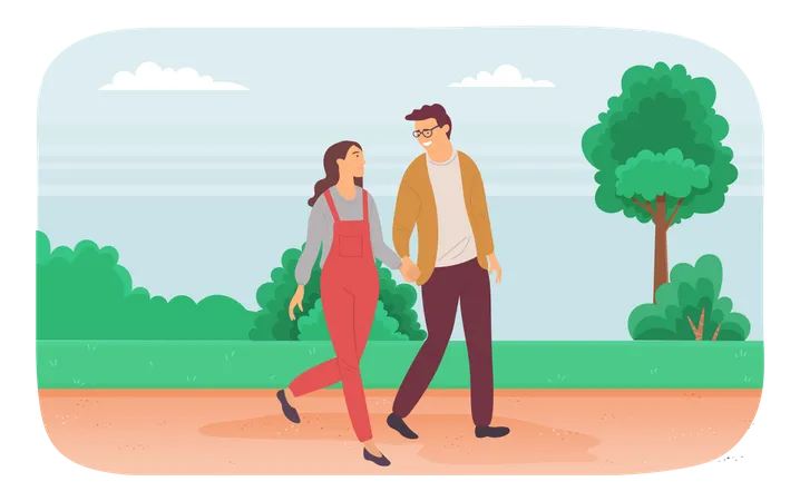 Couple walking together in park Illustration