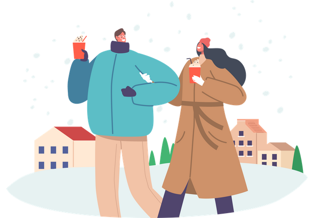 Couple walking together in snow  Illustration