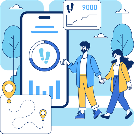 モバイルアプリで歩数を確認しながら一緒に歩くカップル  イラスト