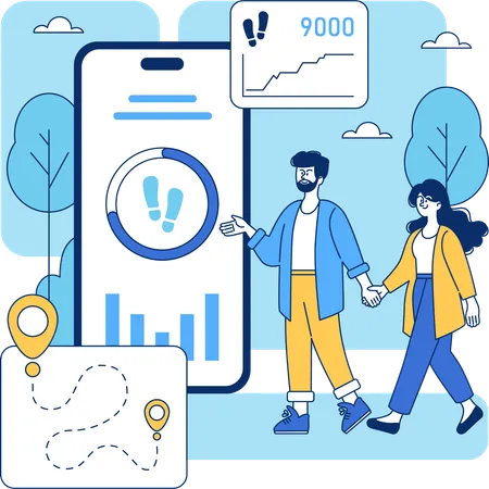 モバイルアプリで歩数を確認しながら一緒に歩くカップル  イラスト