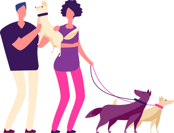 Couple walking together with dog Illustration