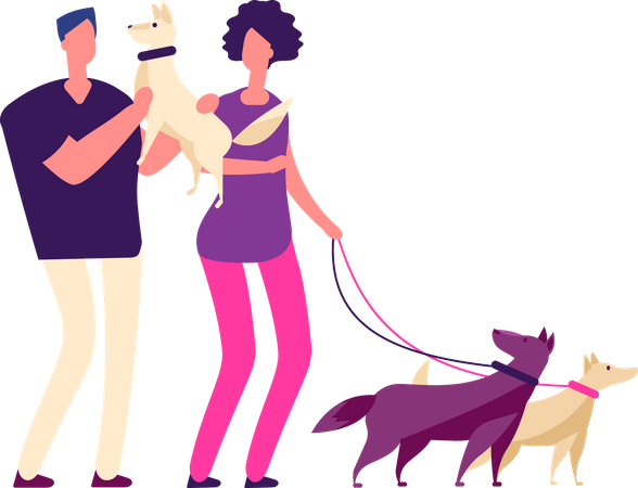 Couple walking together with dog  Illustration