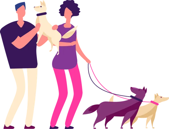 Couple walking together with dog  Illustration