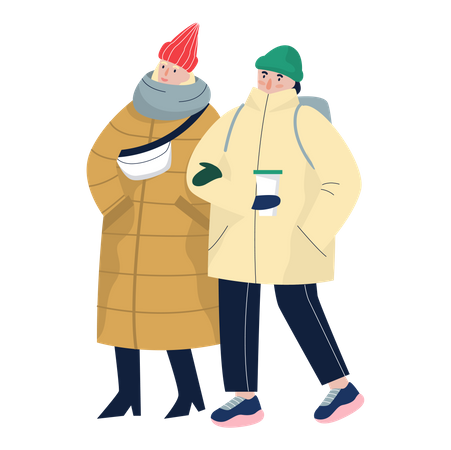 Couple walking while wearing warm clothes Illustration