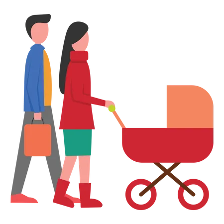 Couple walking with baby in stroller  Illustration