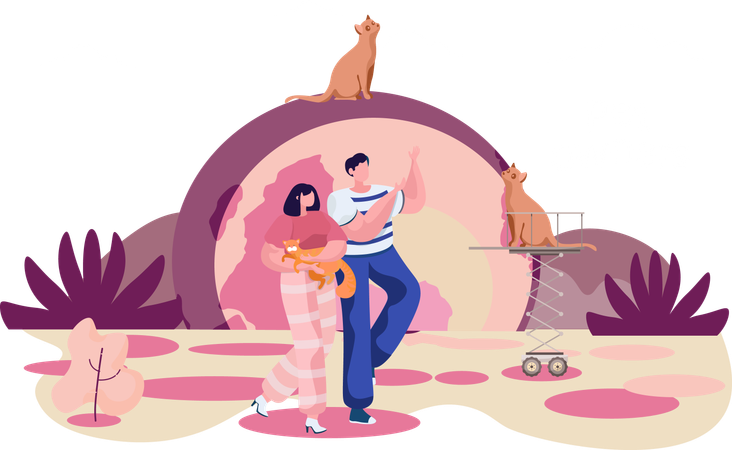 Couple walking with cat holding it  Illustration