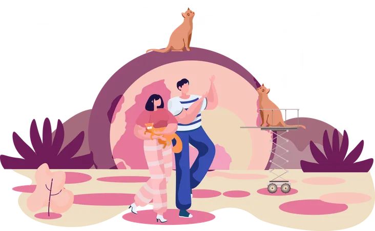 Couple walking with cat holding it  Illustration