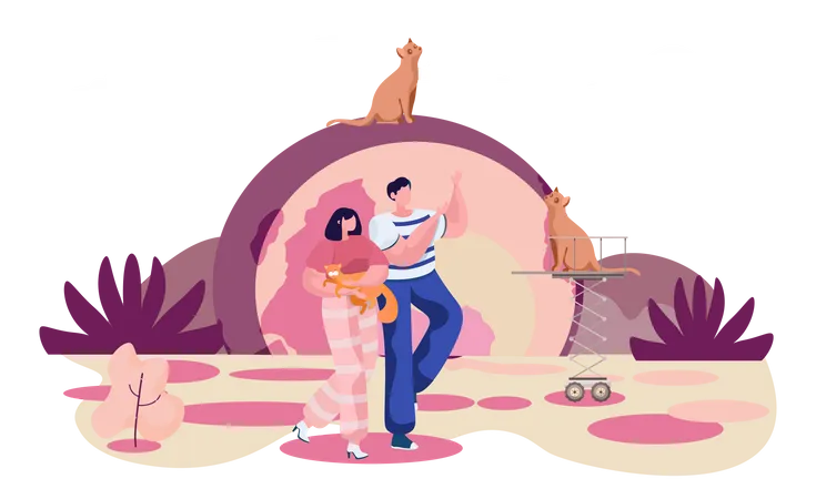 Couple walking with cat in park Illustration
