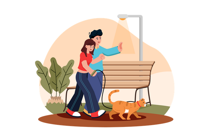 Couple Walking With Cat In Park Illustration