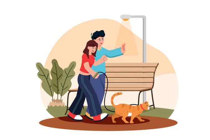 Couple Walking With Cat In Park Illustration