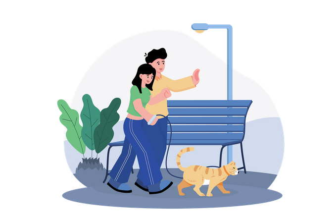 Couple Walking With Cat In Park  Illustration