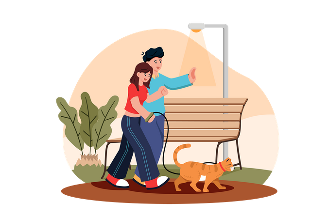 Couple Walking With Cat In Park  Illustration