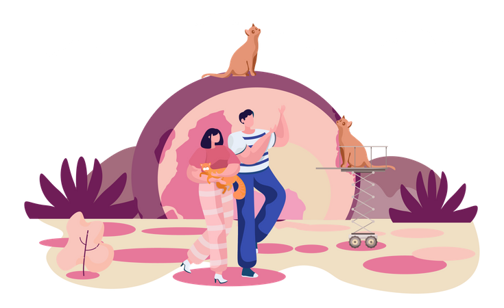 Couple walking with cat in park  Illustration