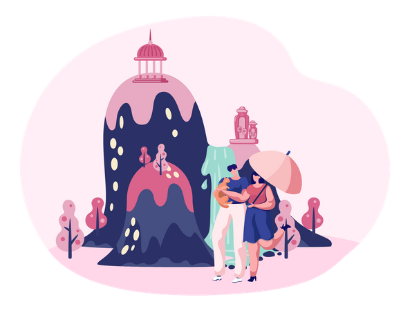 Couple walking with cat on jeju island  Illustration