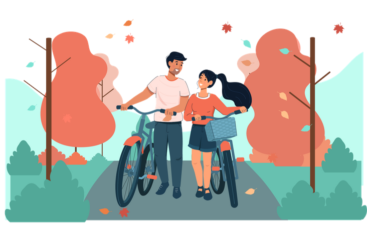 Couple walking with cycle Illustration