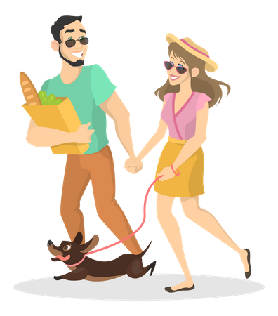 Couple walking with dog Illustration