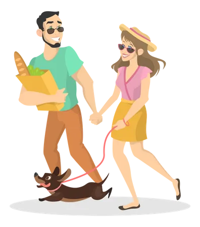Couple Walk A Pet Dog On The Street Man And Woman Walking Hand By Hand Family In The Park Isolated Vector Illustration In Cartoon Style Illustration