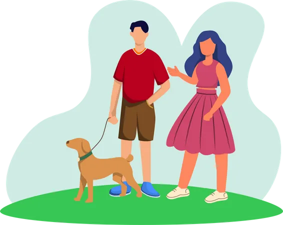 Couple walking with dog  Illustration