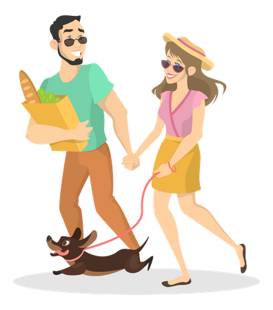 Couple walking with dog  Illustration